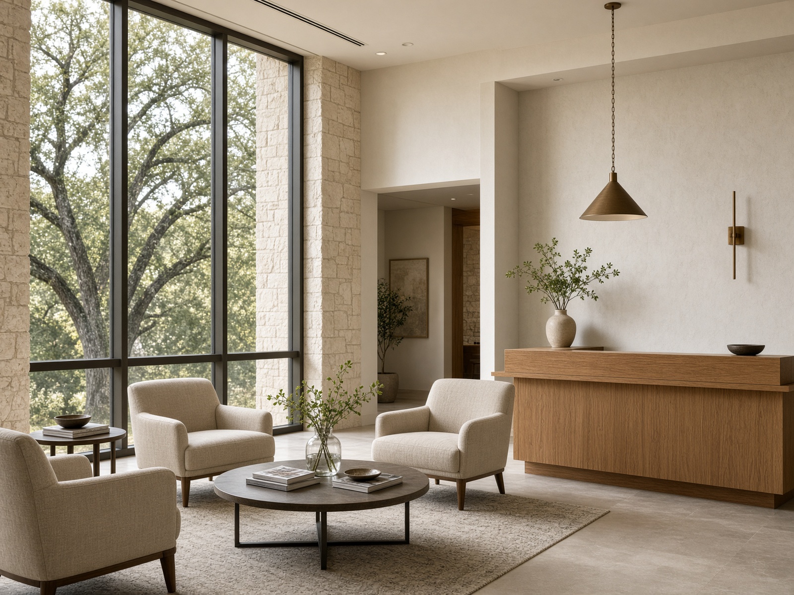 Quiet medical waiting room with pecan trees outside